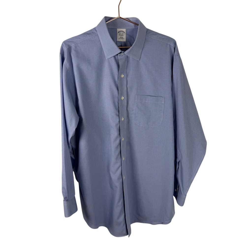 Brooks Brothers 17.5-34 Slim Fit Non-Iron Cotton Blue Gingham Shirt Work Preppy